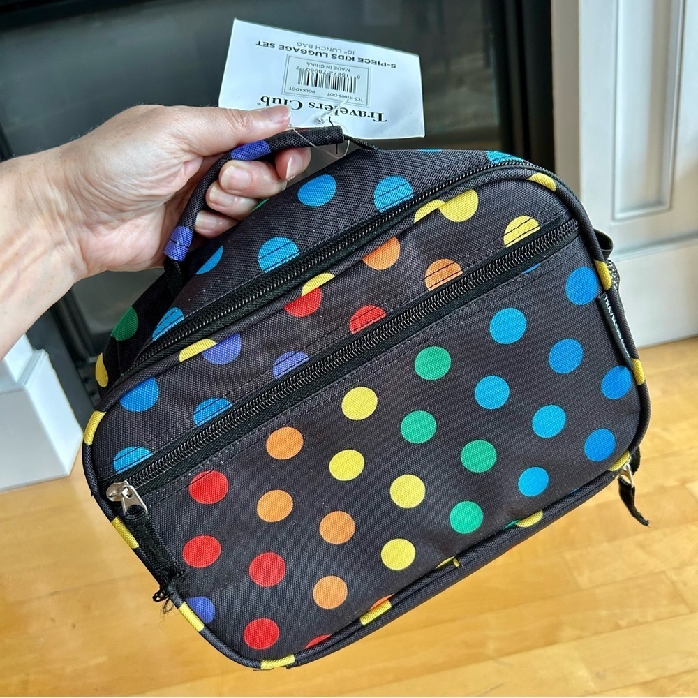 Travelers Club POLKA DOTS Insulated Lunch Cooler Bag, Rainbow, Black, 10 inches - Picture 1 of 17